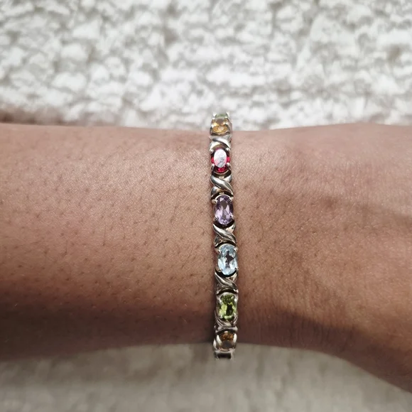 Vintage Sterling Silver XO Multi-Color Gemstone Tennis Bracelet - Picture 8 of 12